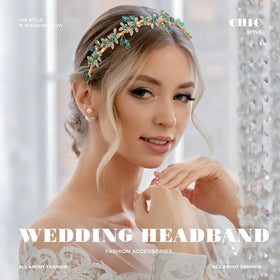 JEAIRTS sparkling green crystal headband sits gracefully on the bride