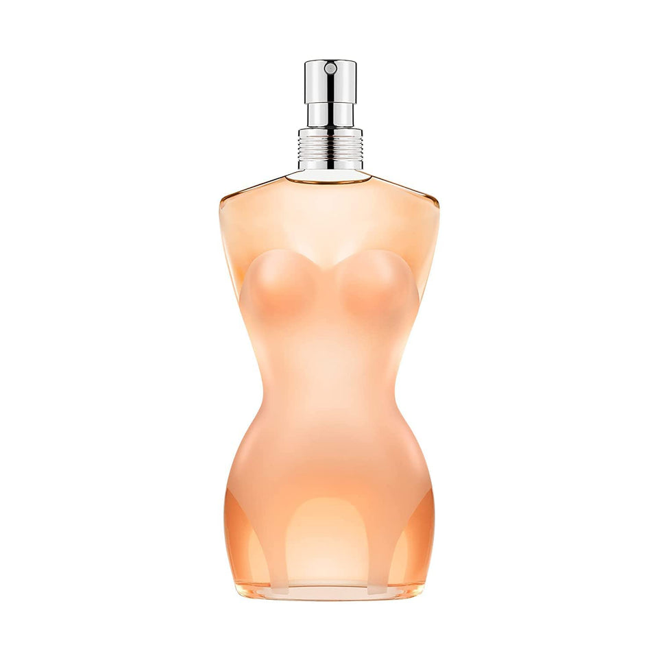 Jean Paul Gaultier Classique bottle close-up with corset silhouette, ideal for gifting.