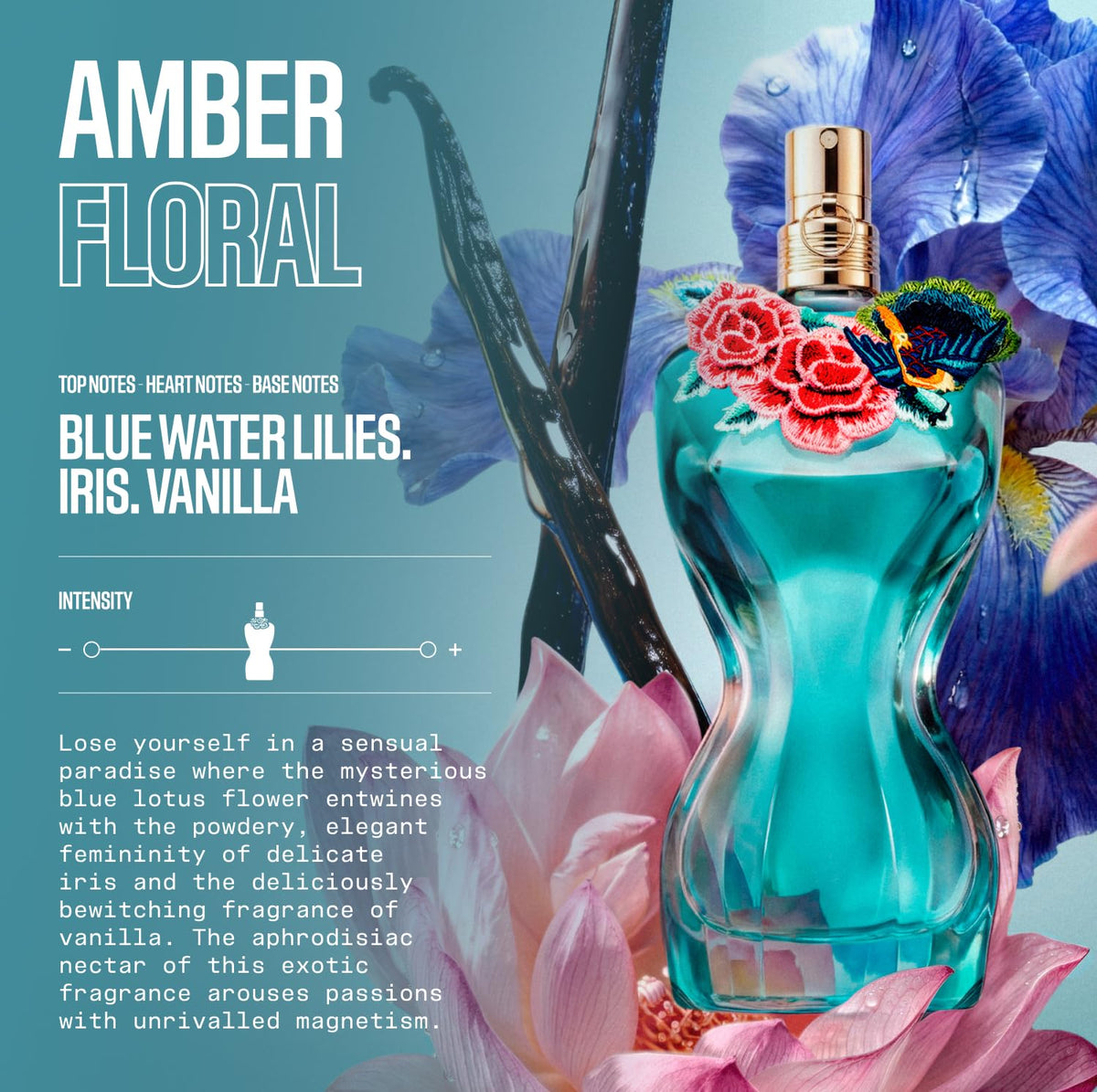 La Belle Paradise Garden bottle side view highlighting couture-inspired design.