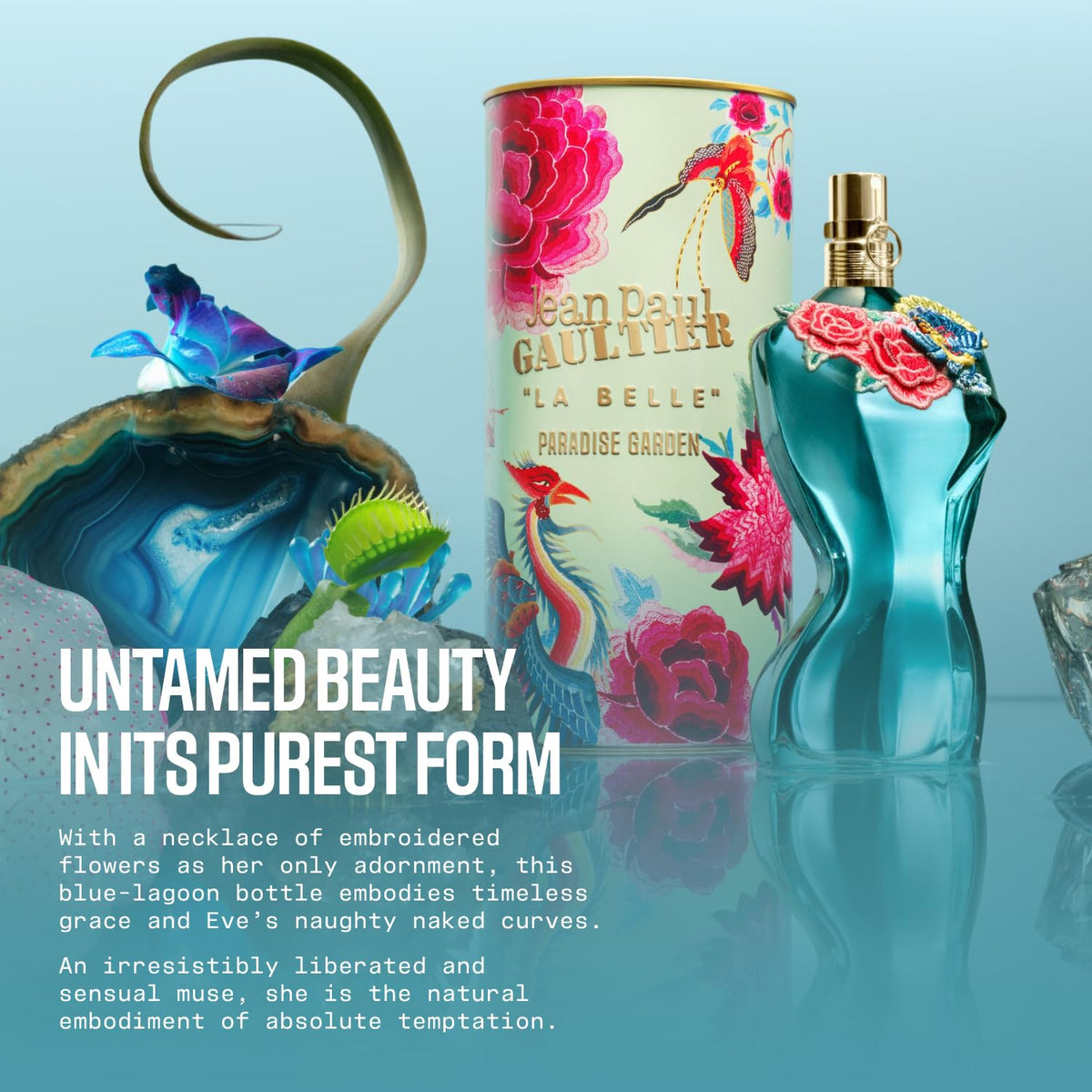 Jean Paul Gaultier La Belle Paradise Garden packaging shot showcases luxury branding.