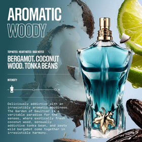 Le Beau bottle side angle highlights sculpted figure and bottle detail.