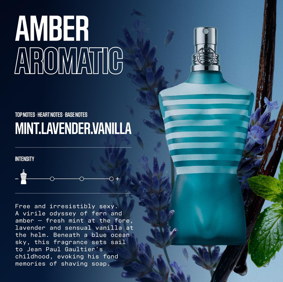 Le Male bottle highlighting lavender note for a classic masculine touch.