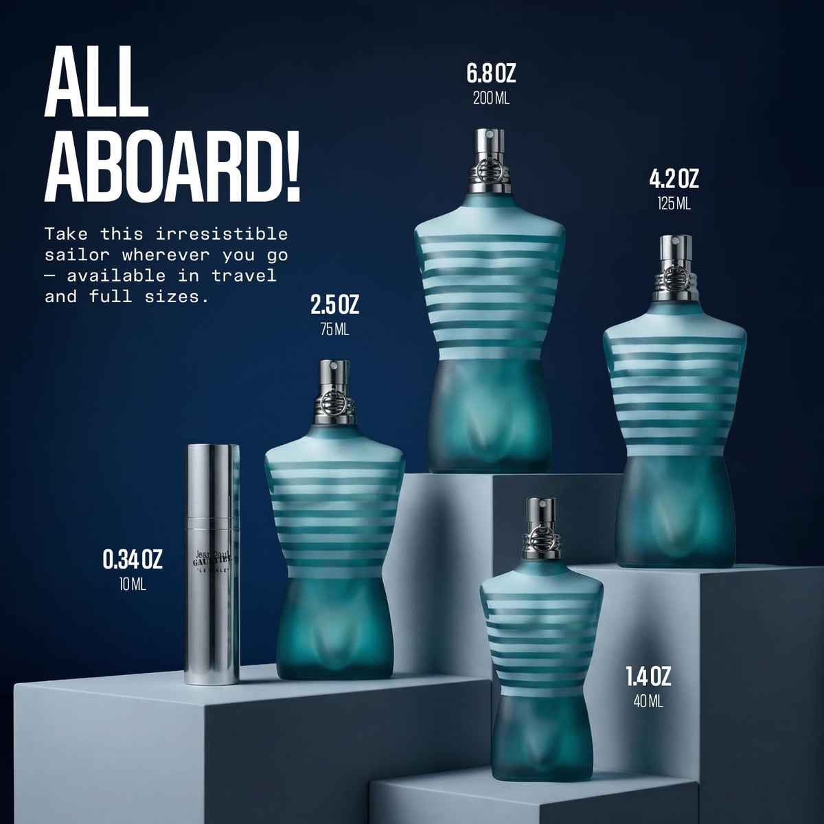 Le Male bottle in spray action, hinting at long-lasting projection.