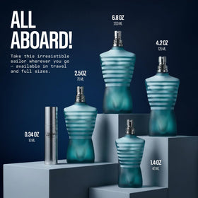 Le Male bottle in spray action, hinting at long-lasting projection.