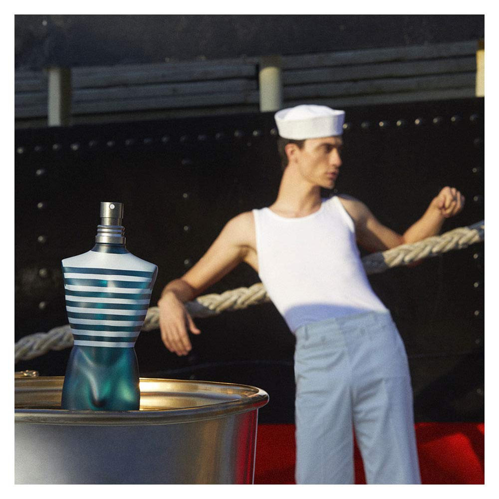 Jean Paul Gaultier Le Male EDT bottle cap closeup highlighting iconic design.