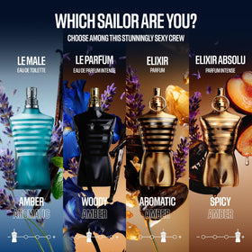 Jean Paul Gaultier Le Male Elixir travel spray label close-up emphasizing parfum concentration.