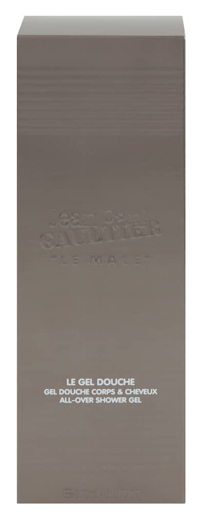 Le Male shower gel bottle demonstrating hydrating cleanse for skin and hair.