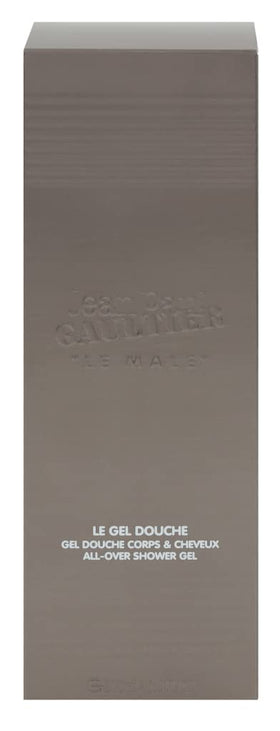 Le Male shower gel bottle demonstrating hydrating cleanse for skin and hair.