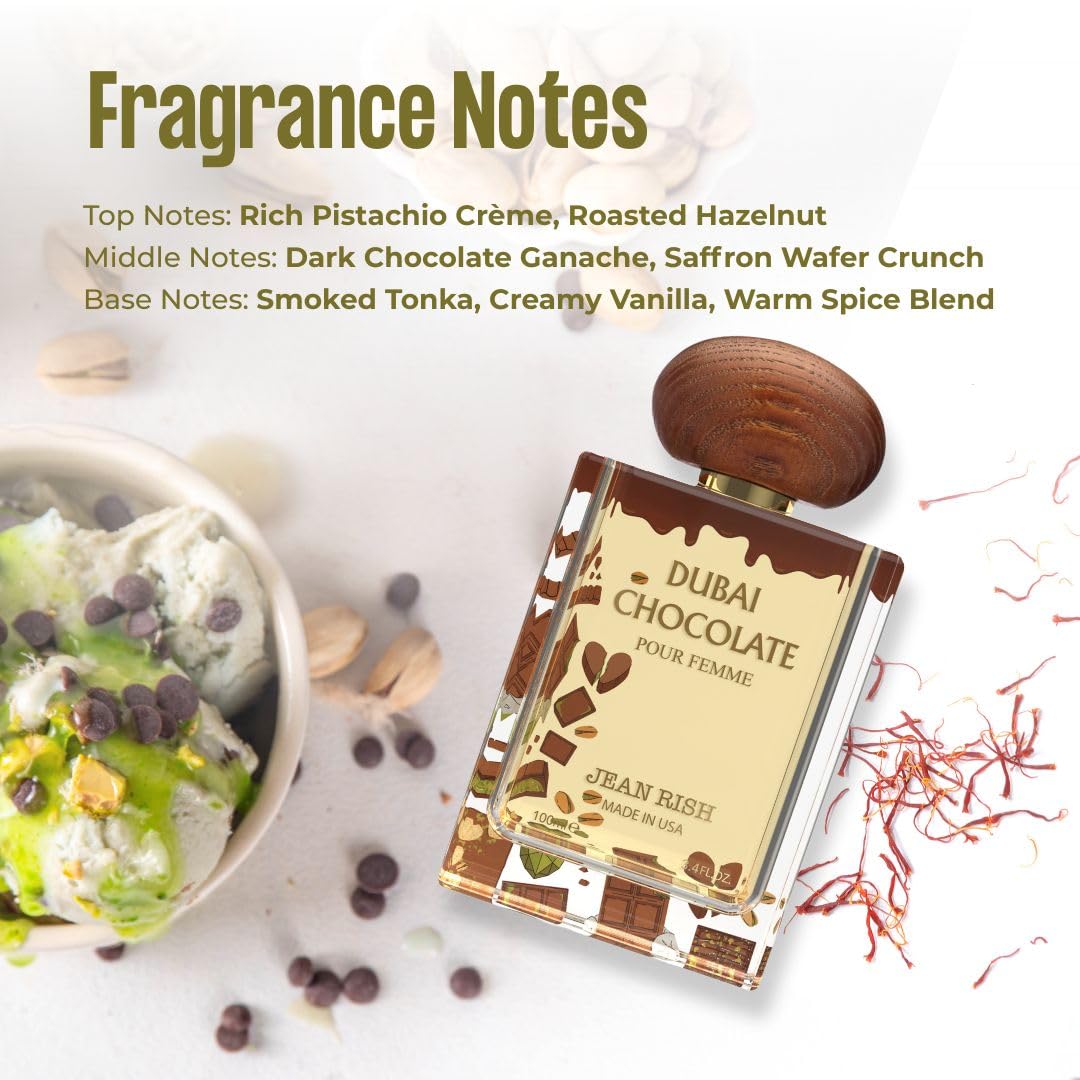 Jean Rish Dubai Chocolate packaging highlights premium USA craftsmanship and gifting appeal.
