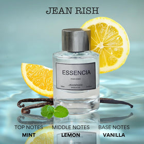 Jean Rish Essencia bottle side view highlights elegant vanilla and amber warmth.
