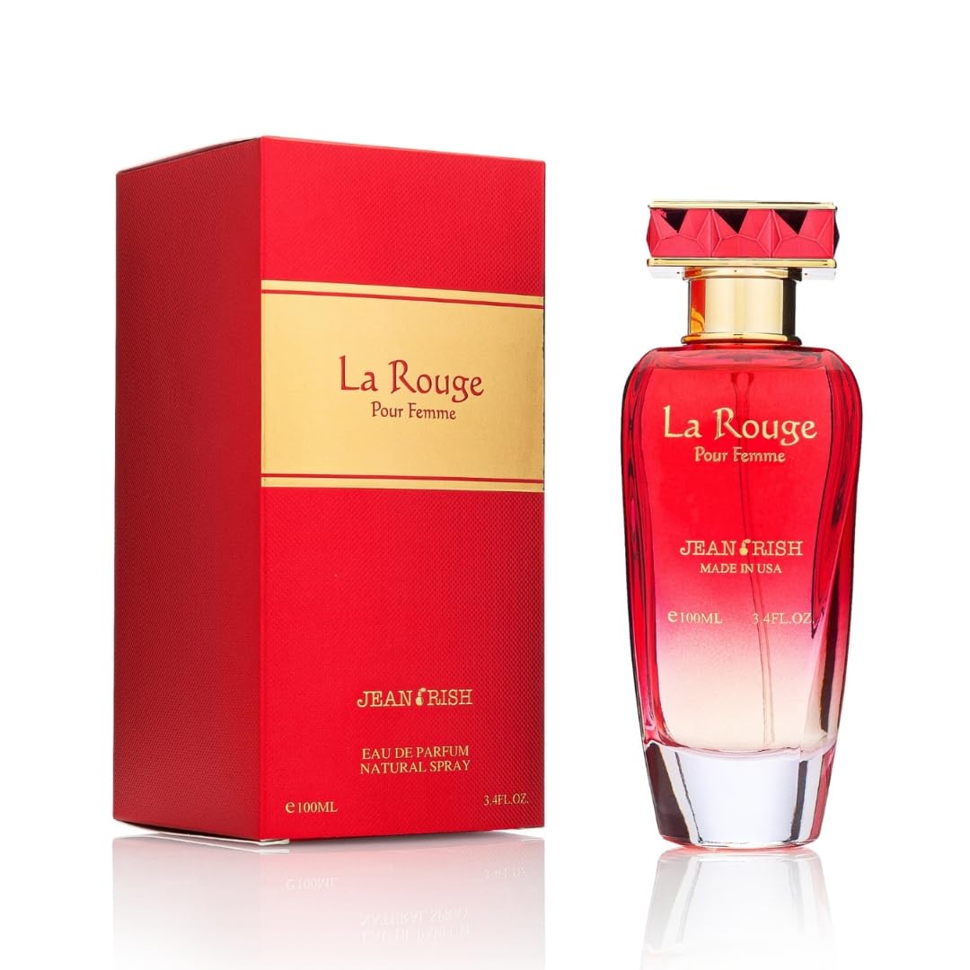 Jean Rish La Rouge bottle front, premium packaging for everyday luxury