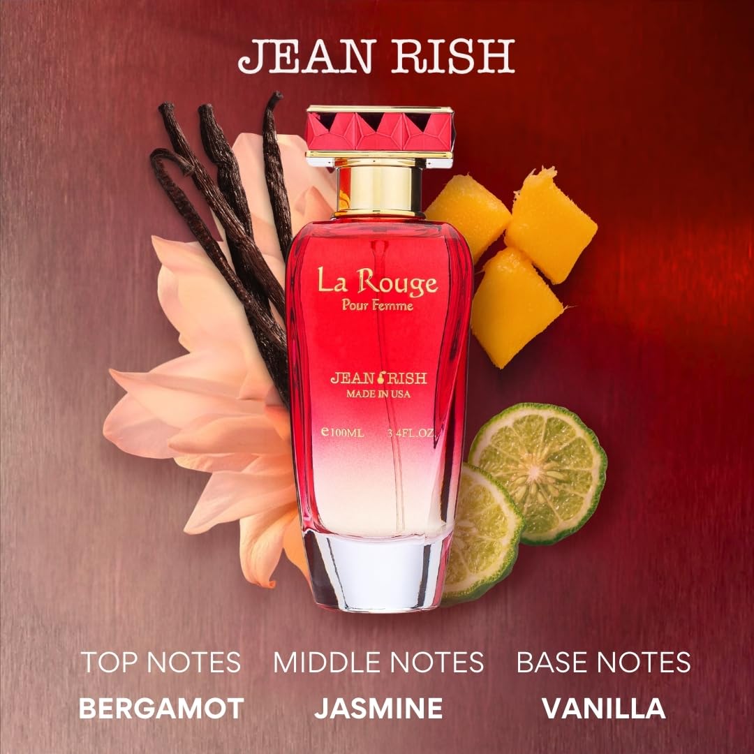 Jean Rish La Rouge bottle side, elegant silhouette for refined style