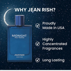 Jean Rish Midnight base notes patchouli and musk provide lasting depth through the day
