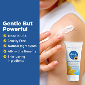 Made-in-USA Jeans Cream bottle highlighting quality and safety