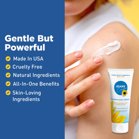 Jeans Cream radiation-care image implies soothing, daily skin care for sensitive skin.