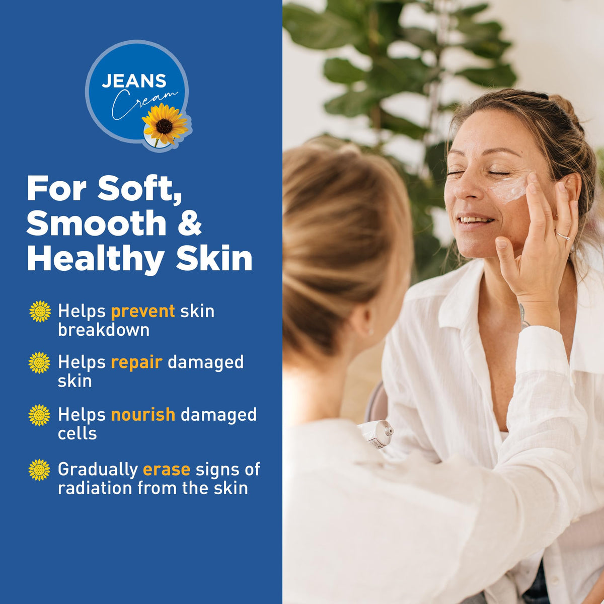 Radiation-relief skincare with Jeans Cream applied to stressed areas