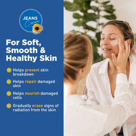 Radiation-relief skincare with Jeans Cream applied to stressed areas