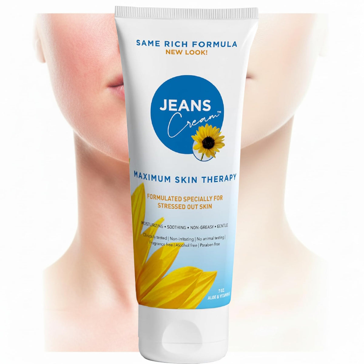 Jeans Cream sunburn relief bottle demonstrates soothing, cooling care for sun-exposed skin.