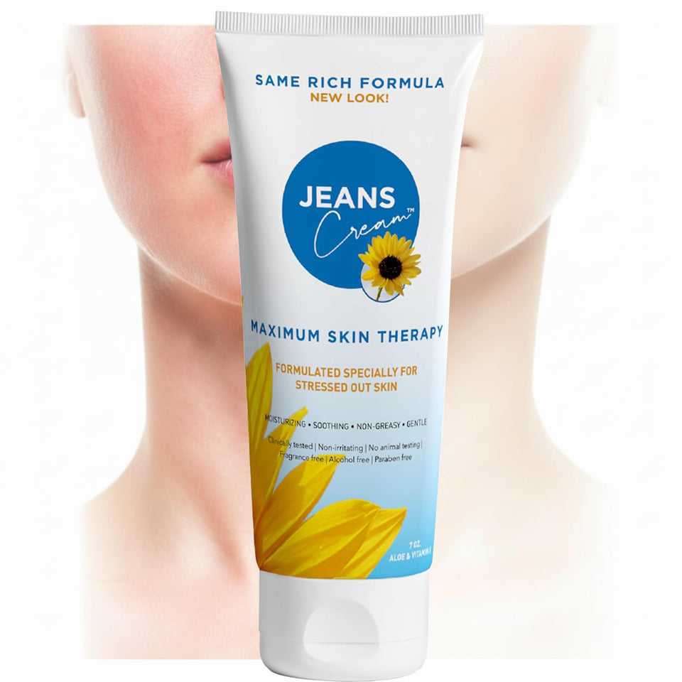 Jeans Cream sunburn relief bottle demonstrates soothing, cooling care for sun-exposed skin.