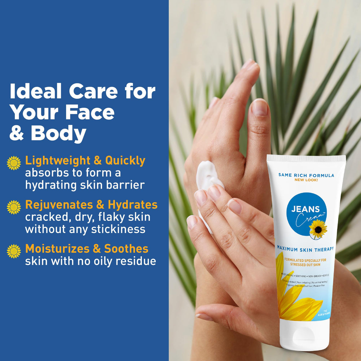 Jeans Cream Vitamin E Aloe Vera close-up highlights nourishing ingredients for skin.
