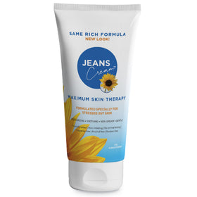 Jeans Maximum Skin Therapy Cream tube shows Aloe and Vitamin E for soothing hydration