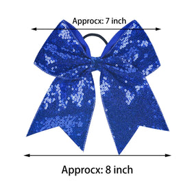 Jeffan blue sequin cheer bows closeup showing durable elastic band and fabric cover