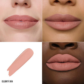 Jeffree Star Velour Liquid Lipstick Celebrity Skin nude shade swatches on lips.