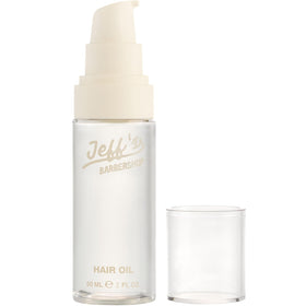 Jeffs Barbershop Hair Oil bottle closeup showing nourishing shine and easy styling