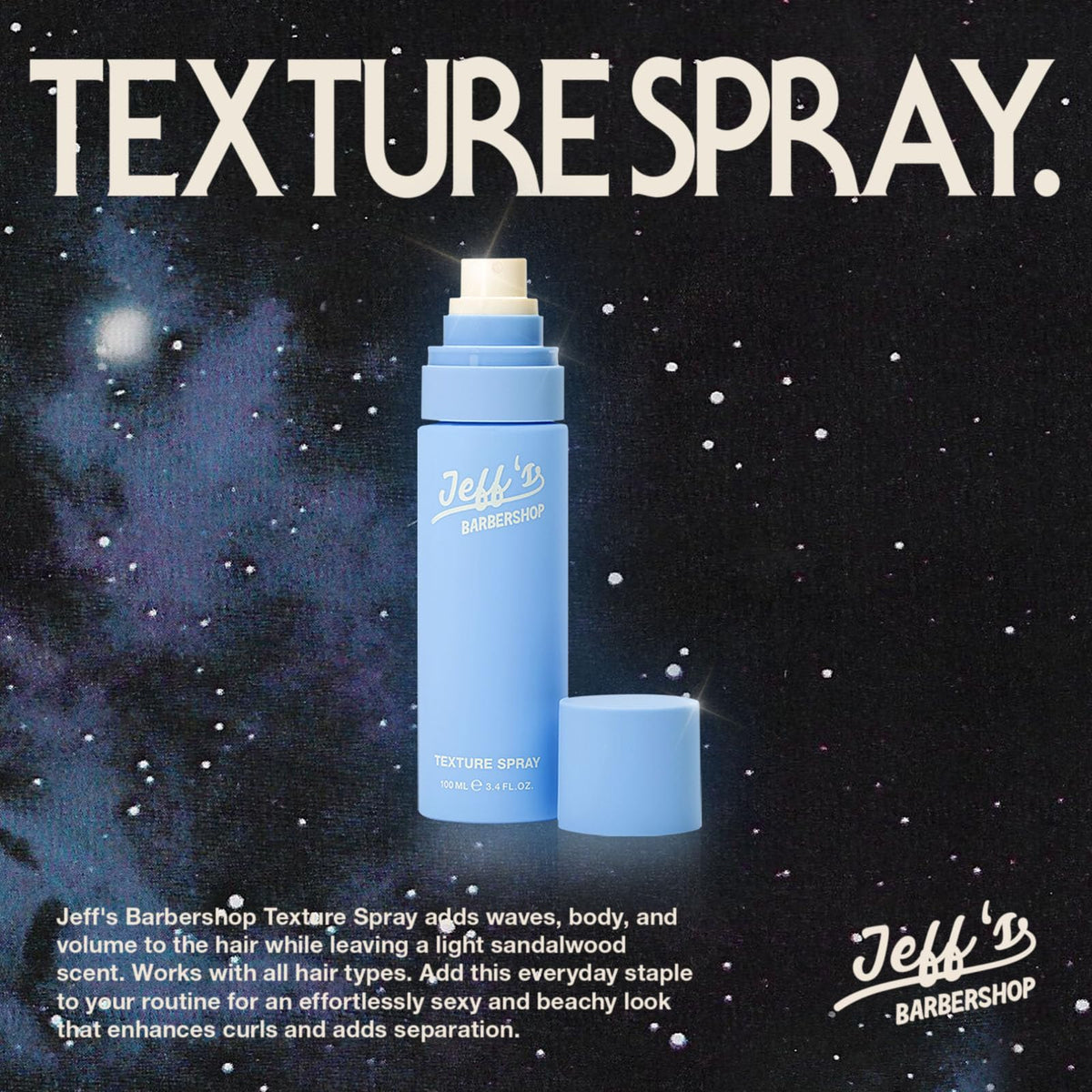 Jeff's Barbershop Sea Salt Texture Spray being applied for lightweight texture and flexible styling.