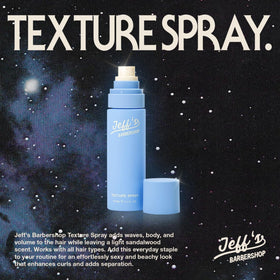 Jeff's Barbershop Sea Salt Texture Spray being applied for lightweight texture and flexible styling.