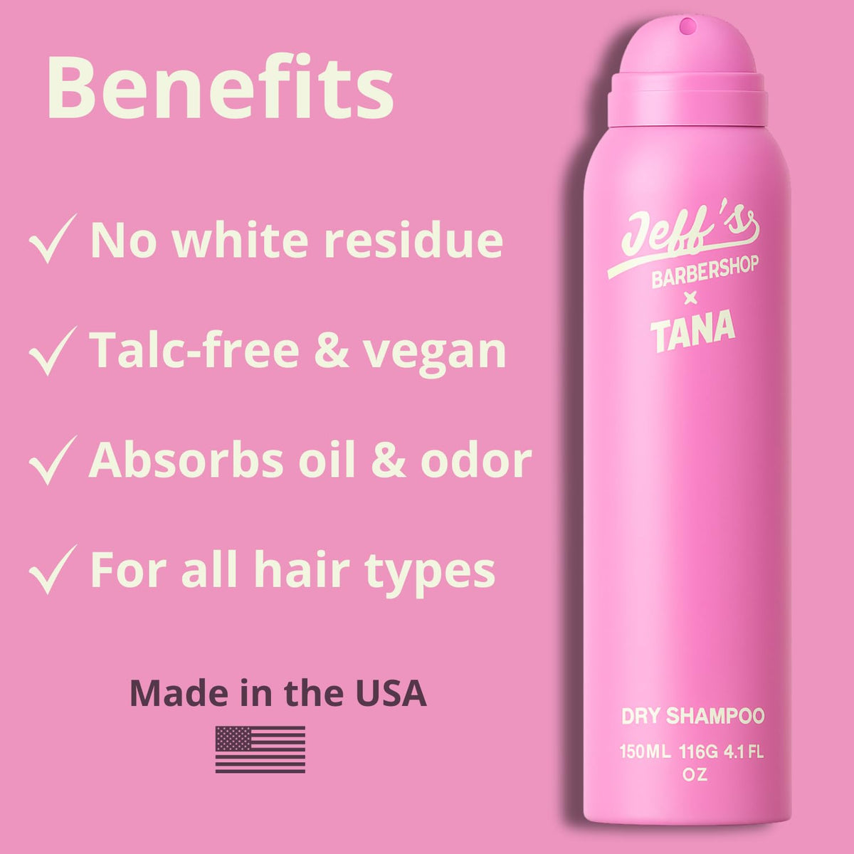 Jeff's Barbershop x Tana Dry Shampoo packaging highlights talc-free formula.