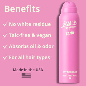 Jeff's Barbershop x Tana Dry Shampoo packaging highlights talc-free formula.