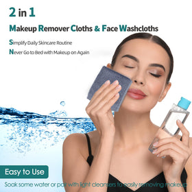 JEFFSUN slate-blue makeup remover cloth demonstrates easy makeup removal with water or light soap.