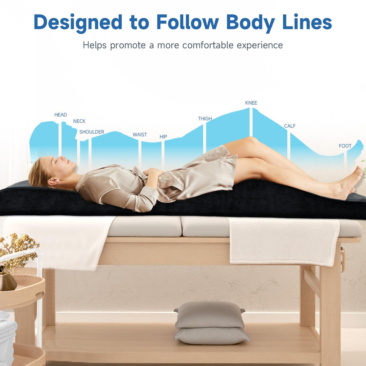 JEINPING non-slip base keeps the bed topper stable on tables during treatments.
