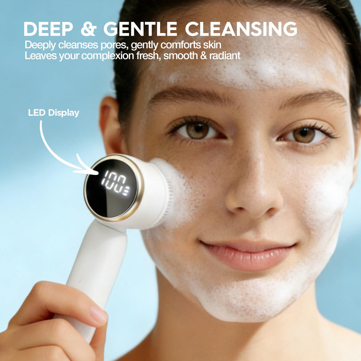 Spin exfoliating brush head delivering deep cleansing and smooth skin texture.