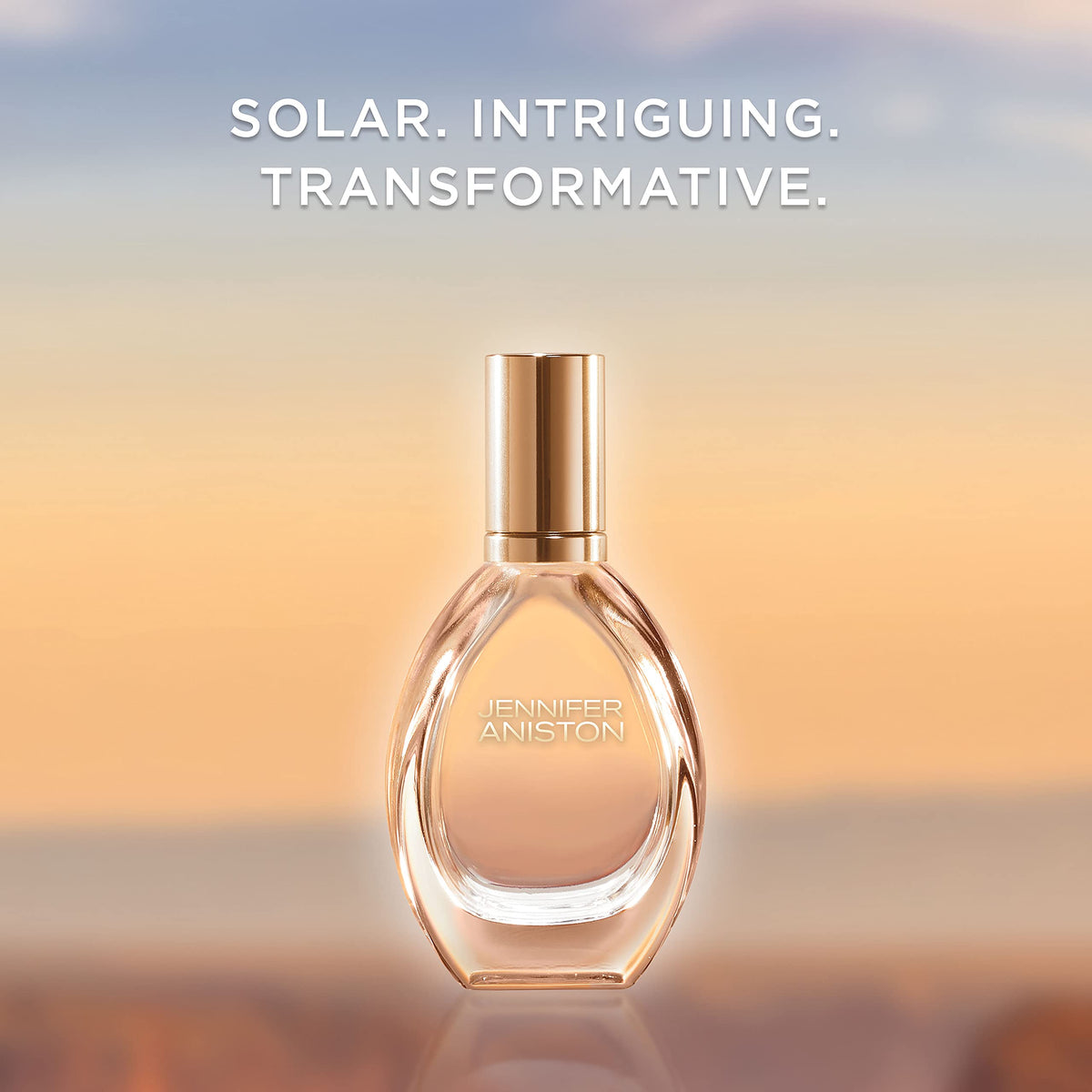 Jennifer Aniston Solstice Bloom bottle on vanity conveys everyday elegance
