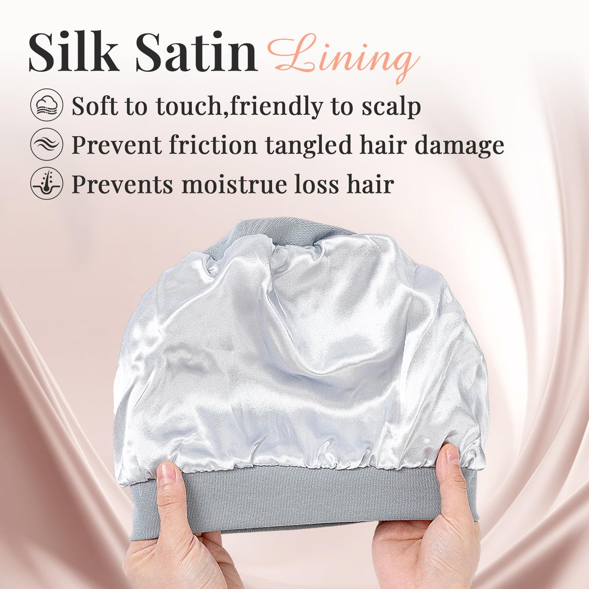 JenPen satin bonnet khaki helps maintain moisture while resting.
