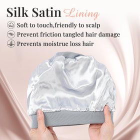 JenPen satin bonnet khaki helps maintain moisture while resting.