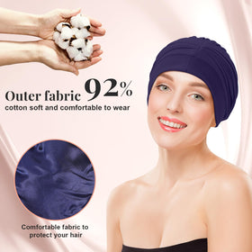 JenPen silk satin sleep cap in navy blue, pleated design for style