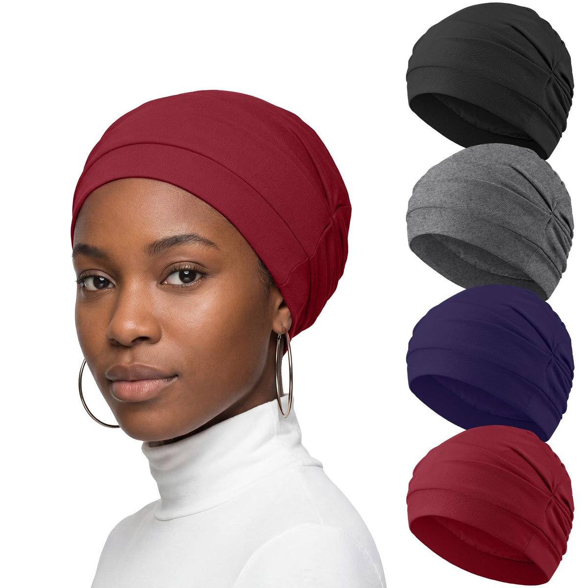 JenPen silk satin sleep cap in wine red, close-up shows soft protective lining