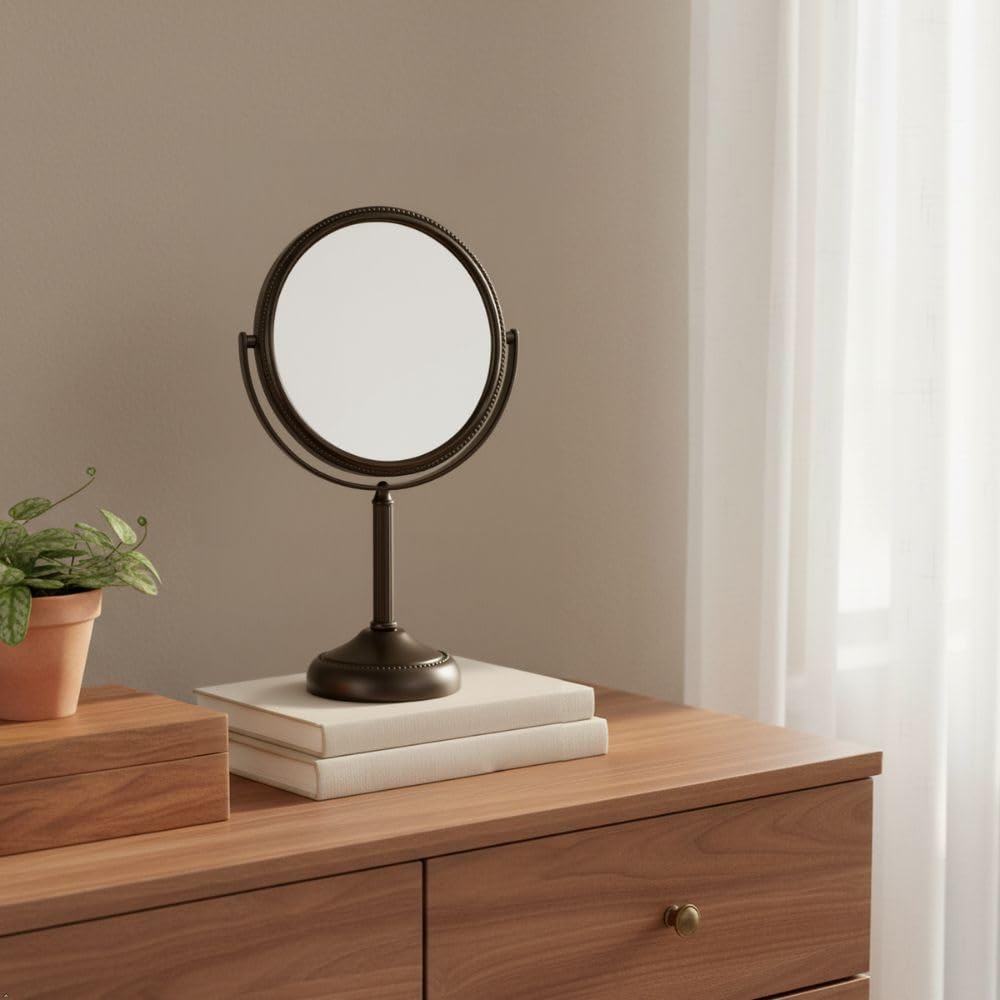 Bronze-finish extendable arm mirror adds style and practical reach