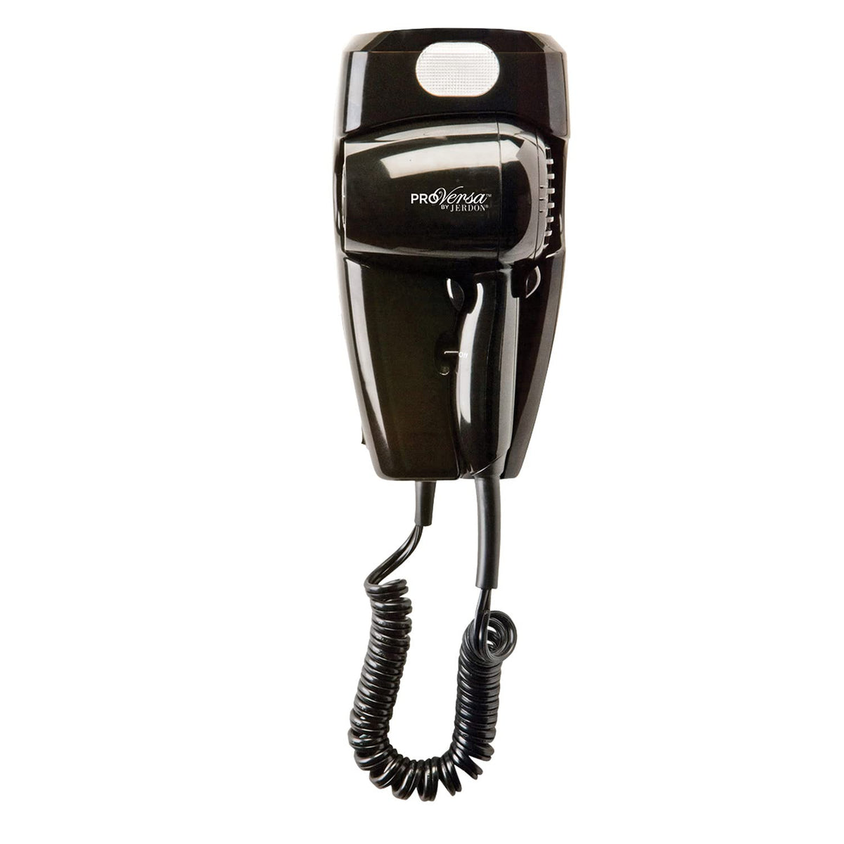 JERDON wall-mount hair dryer in black with 32-inch cord, ideal for space-saving bathrooms.
