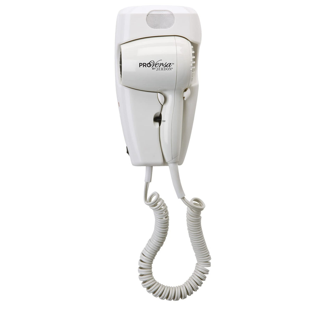 Jerdon JWM8C wall-mount hair dryer in a hotel bathroom showing the 50-inch cord for easy reach