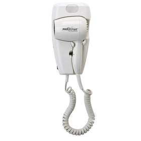 Jerdon JWM8C wall-mount hair dryer in a hotel bathroom showing the 50-inch cord for easy reach