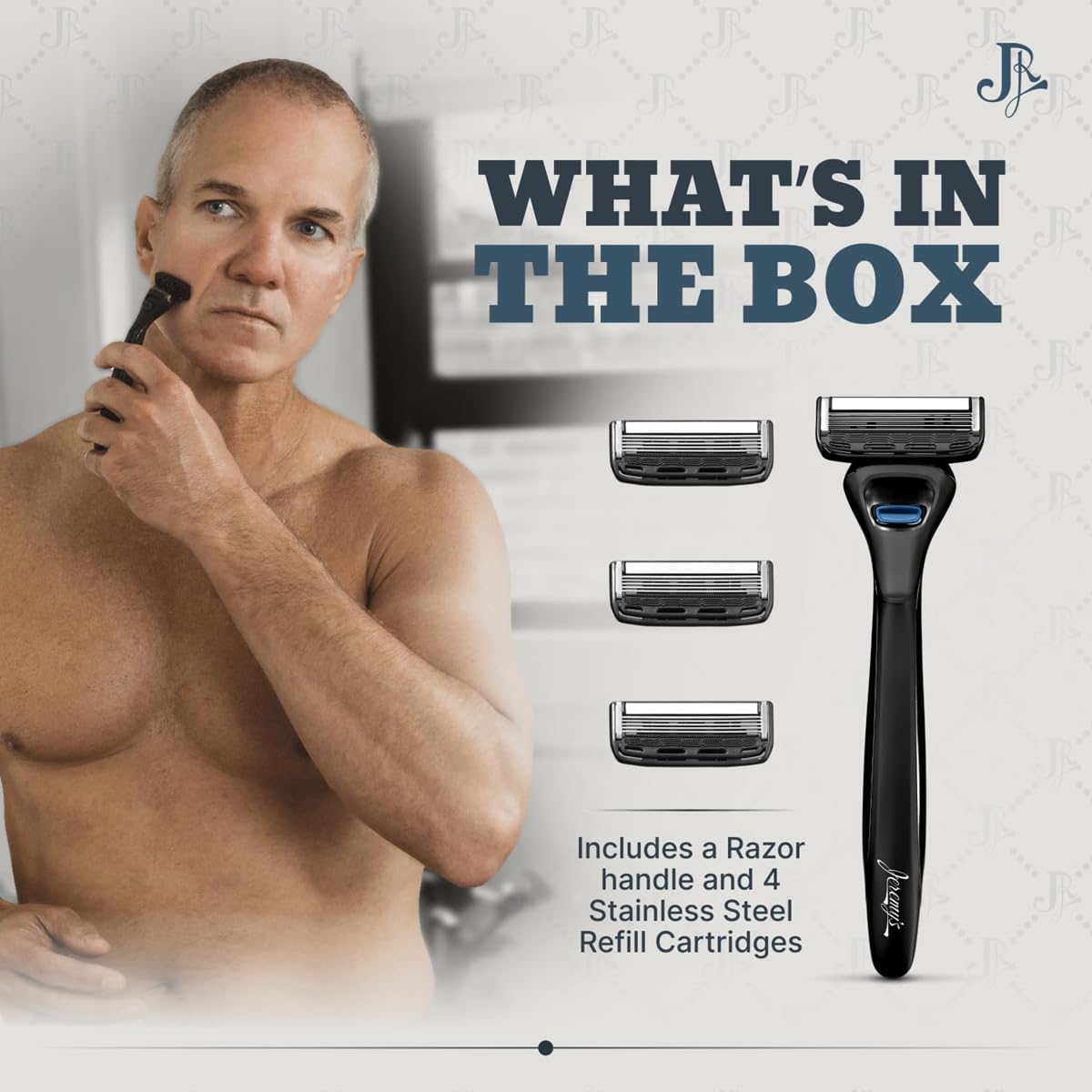 Jeremy's razors for men with four cartridges provide versatile upkeep