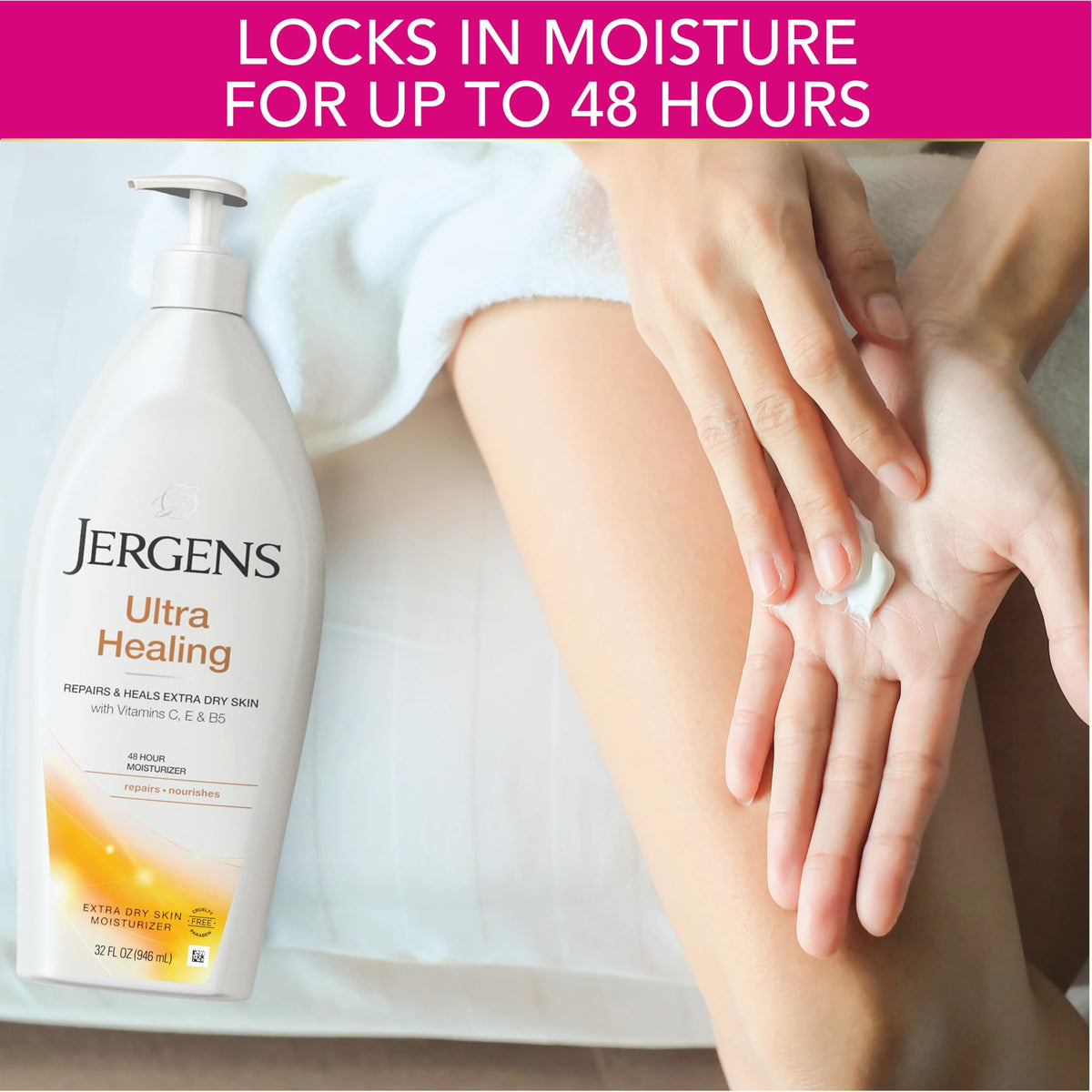 Jergens Ultra Healing applied to rough heels for softening hydration.