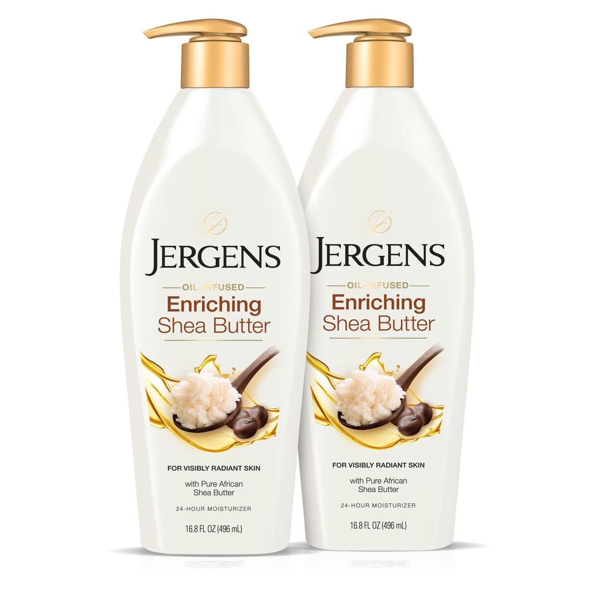 Jergens Shea Butter Body Lotion bottle demonstrates deep conditioning hydration.