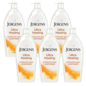 Jergens Ultra Healing lotion bottle with pump delivering quick hydration to dry skin.