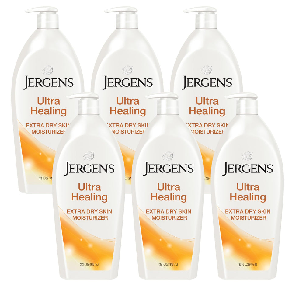 Jergens Ultra Healing lotion bottle with pump delivering quick hydration to dry skin.