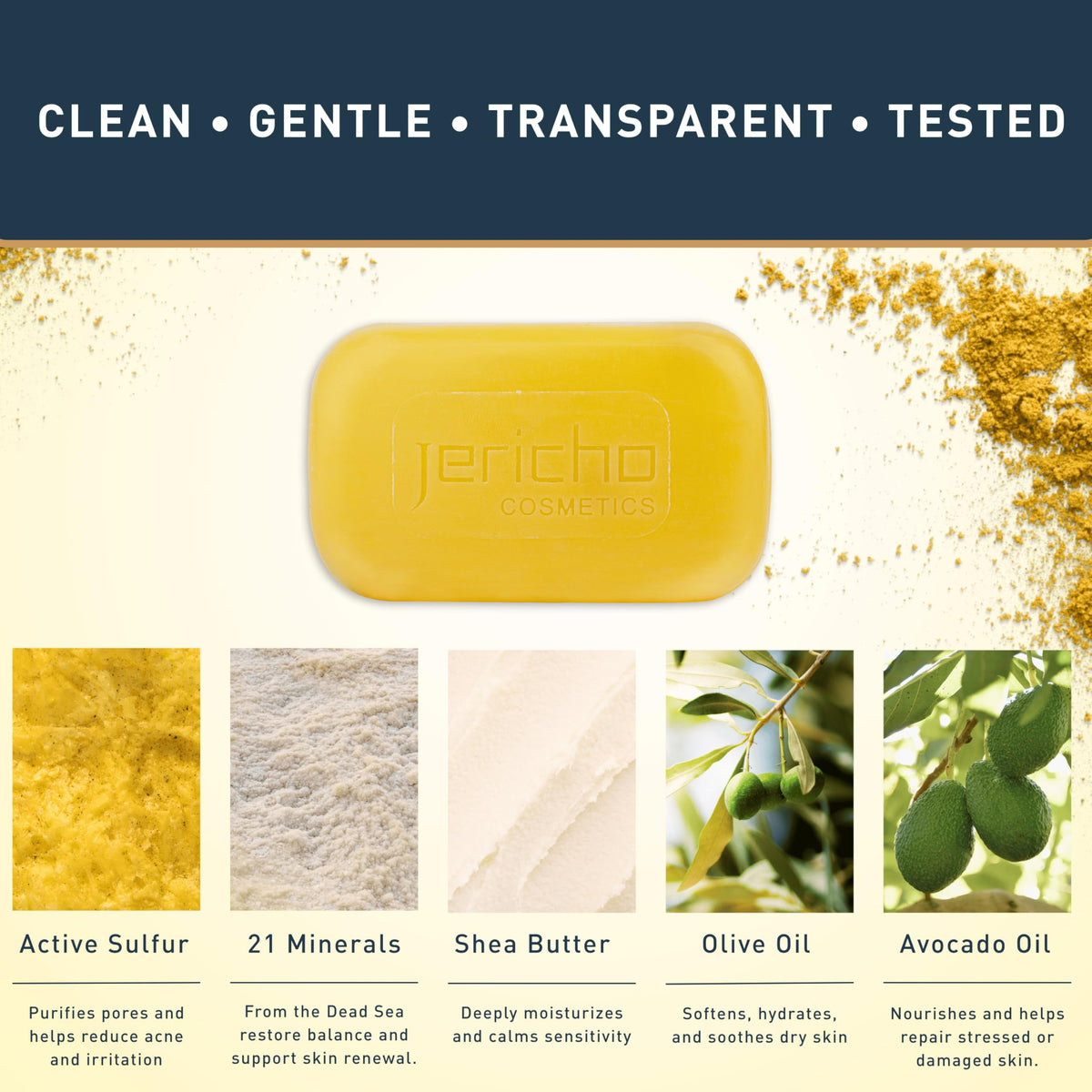Jericho Dead Sea sulfur soap; mineral-rich Dead Sea minerals balance skin.